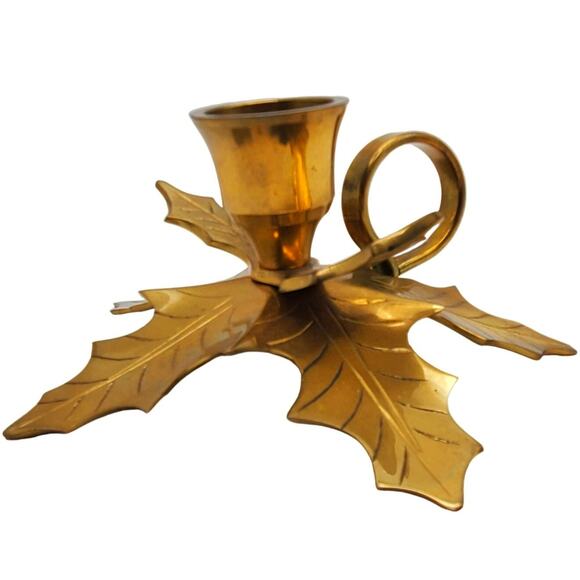 Brass Taper Candle Holder Leaf Autumn Rustic Table Holiday Decor Chamberstick - Picture 5 of 8